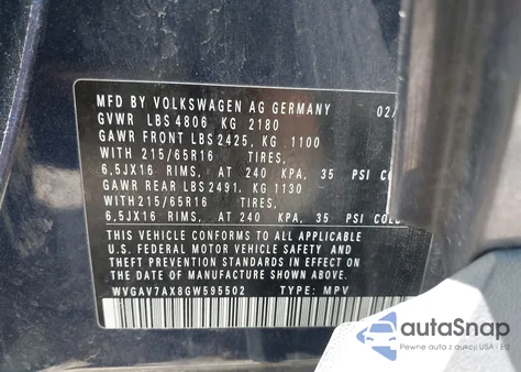 2016 Volkswagen Tiguan S из США, поврежденный, VIN WVGAV7AX8GW595502